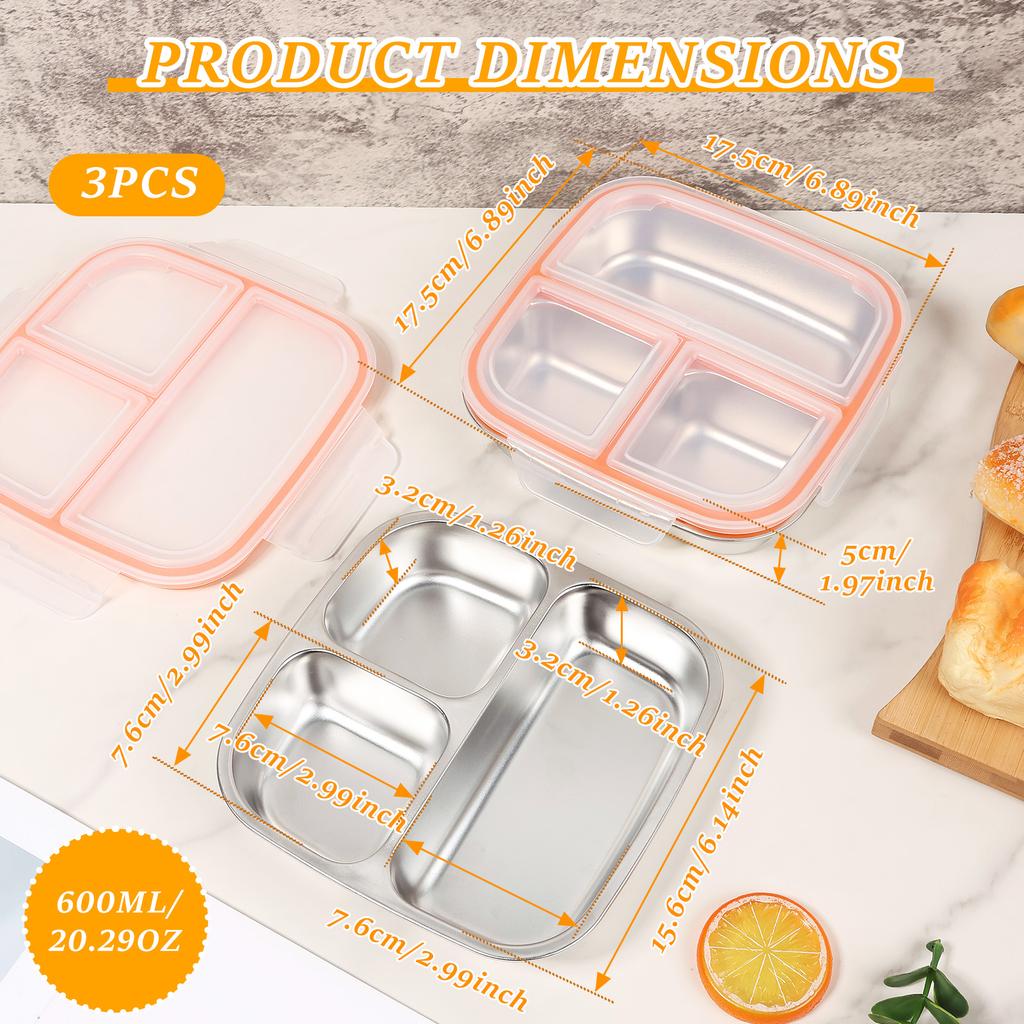 3Pcs Bento Lunch Box Set 3-Compartment Food Storage Containers Leakproof with Lid Reusable Meal Prep Lunch Box for School Office