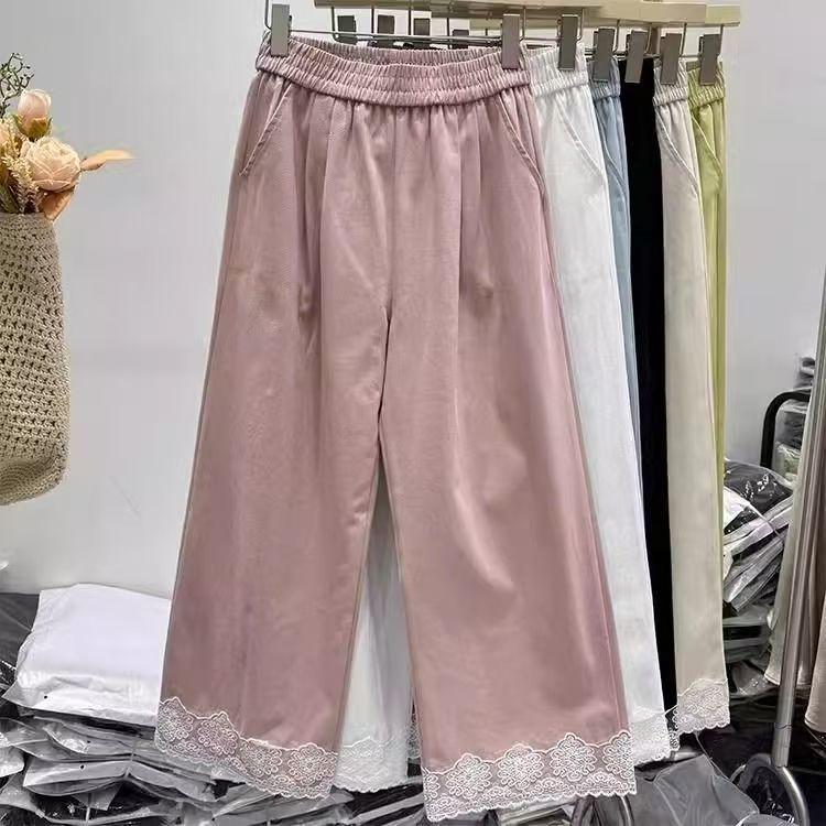 Damen High-Waist Spitzen-Patchwork Weite Hosen - Schlankmachend, Lässig, Verkürzter Gerader Schnitt