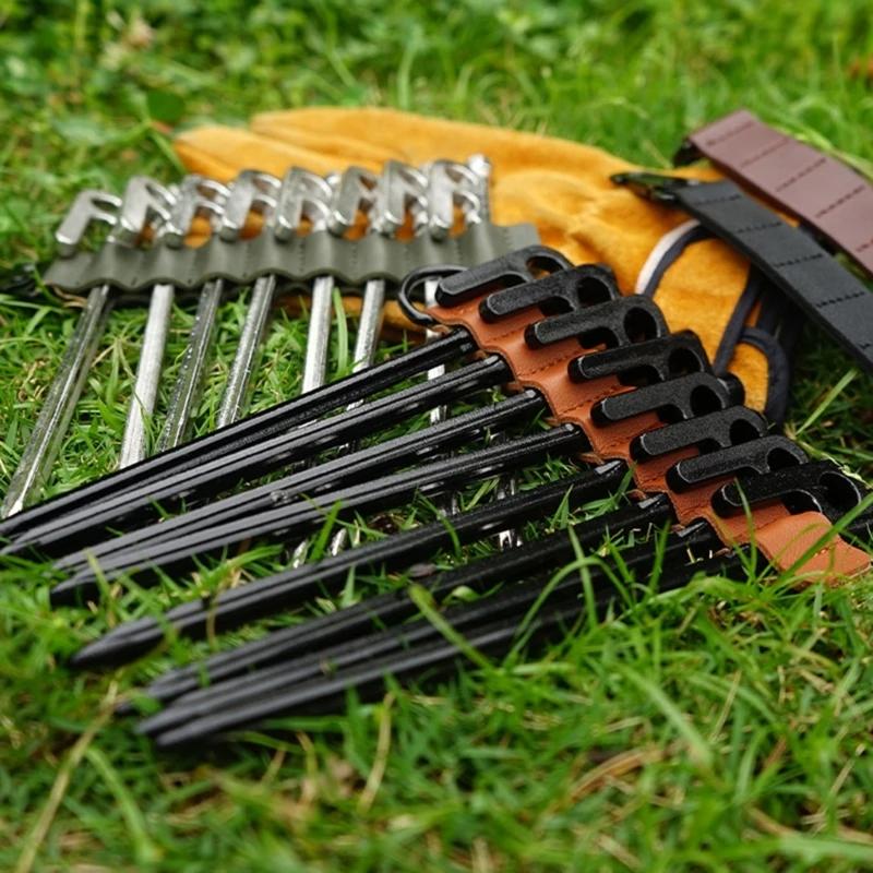 8-Hole Ground Nails Storage Chain Pu Leather Portable Tent Stakes Storage Bag Outdoor Camping Tent Pegs Organizer Bag