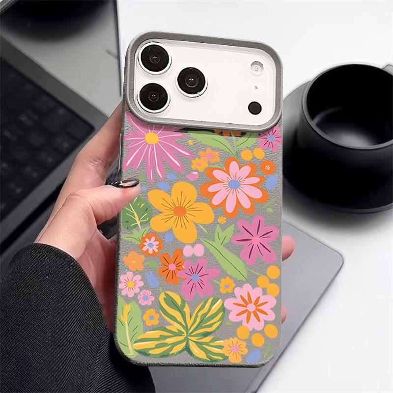 Soft Phone Case For iPhone Air 17 16 15 14 13 12 Pro Max 17 Pro 11 16e Cartoon Flowers Shockproof Leather Texture Silicone Cover