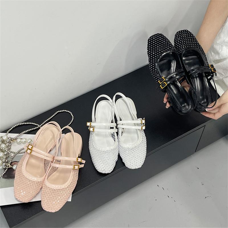 Eilyken Summer Crystal Square Low Heels Buckle Strap Woman Sandals Elegant Cosy Breathable Holes Mesh Banquet Shoes