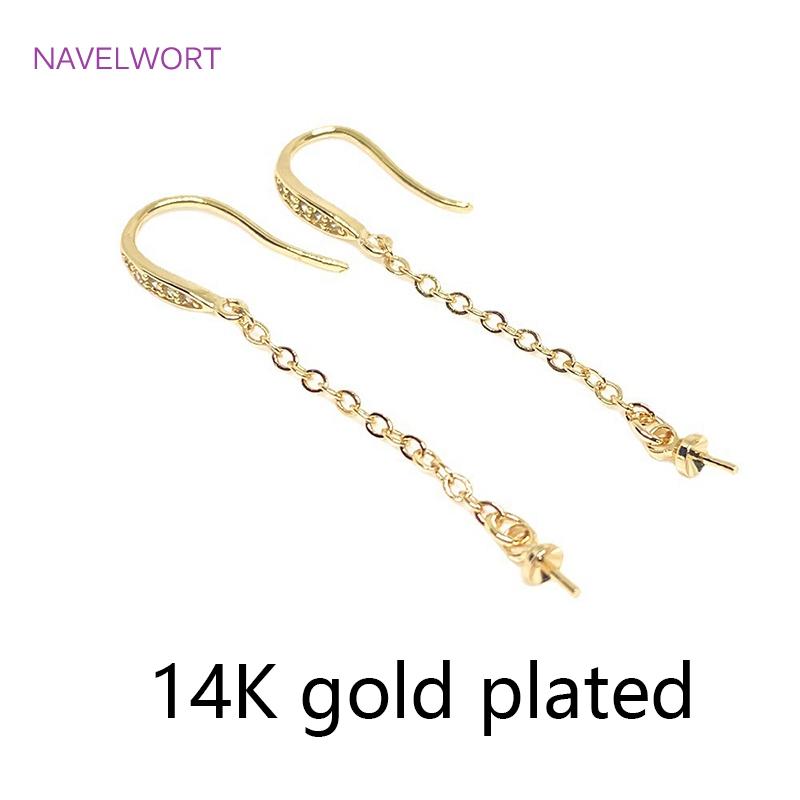 14K Gold Plated Pearl Ear Wire Mounting with Chain Inlaid Zircon Long Chain Tassel Threader Earrings Hooks Findings 2 pieces