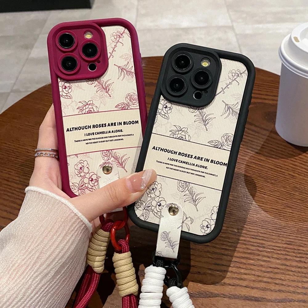 Luxury Camellia Wrist Strap Phone Cases for iPhone 13 11 14 15 Plus 12 16 Pro Max X XR XS 15pro MAX Case Silicone Lanyard Cover