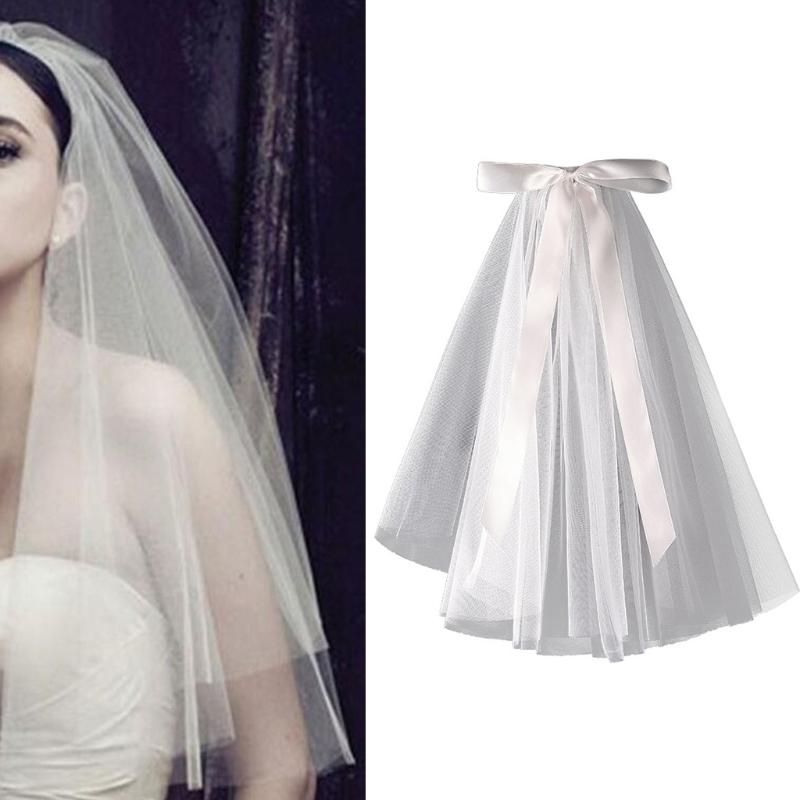 Wedding Veil with Metal Comb Wedding Hair Accessories for Flower Girl 2 Tier Tulle Length 18" Bow Ribbon Embellished