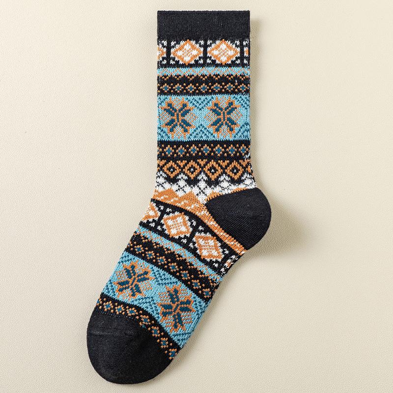 1 Pair Men Socks Cotton Autumn and Winter Thicken Warm Retro Ethnic Style Double-needle Medium Tube Socks