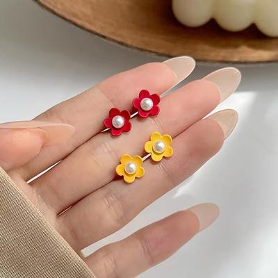 Silver Needle Earrings, Chain, Daily Colorful Mini Flower