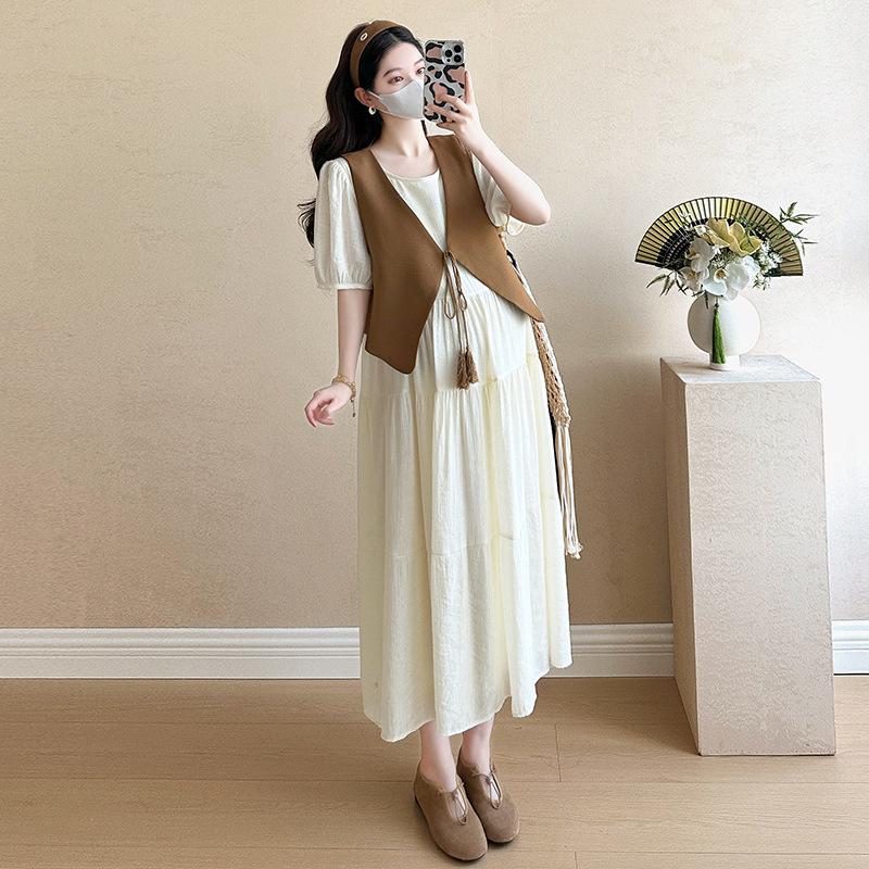 2026 Summer Maternity French Chic Two-Piece Set: Fashion Vest + Puff Sleeve Dress M