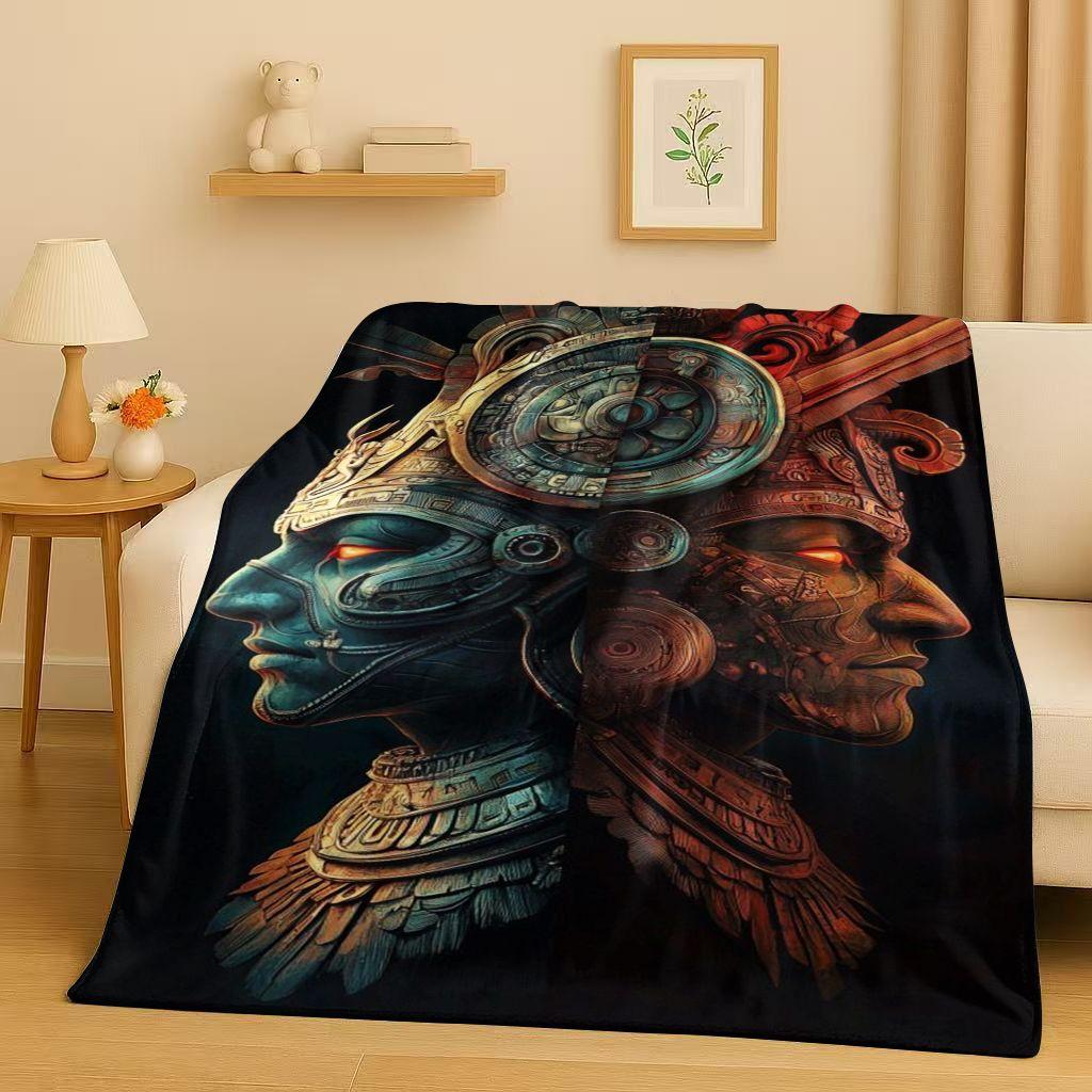 Retro Aztec Totem Maya Mask Sun God Flannel Blanket,Ultra Soft Warm Plush Throw for Home Bedroom Bed Sofa Cover Office Gift Kids