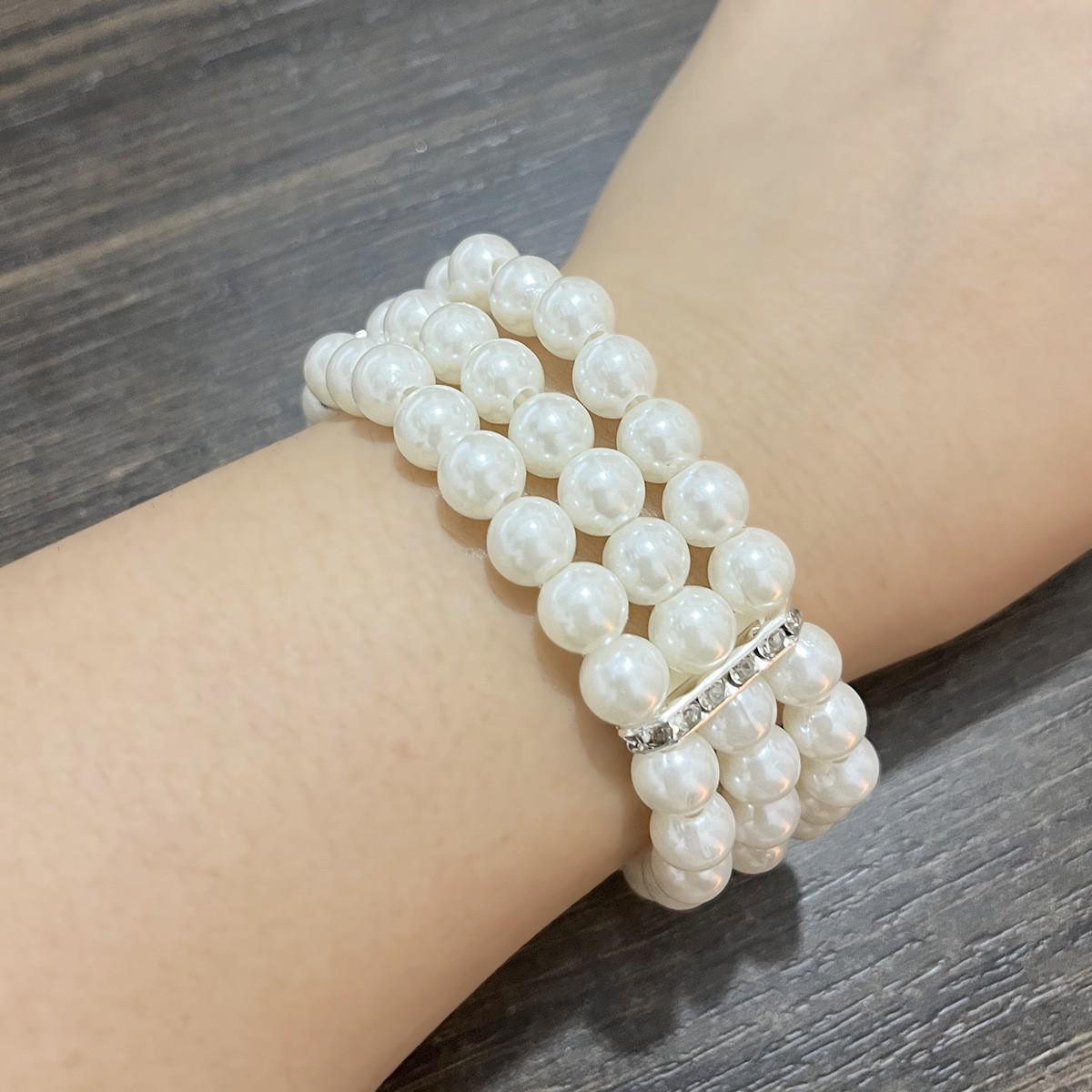 New Arrival: Multi-layer Rhinestone Faux Pearl Elastic Hand Bracelet