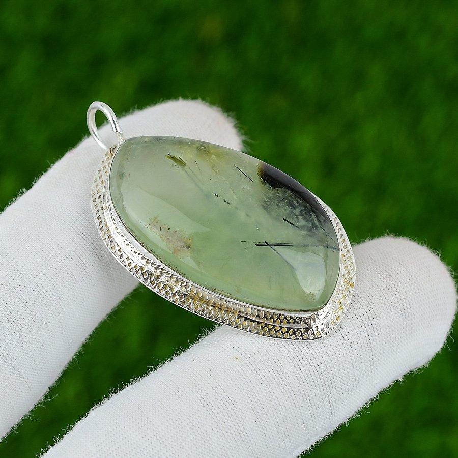 Natural Moss Prehnite Gemstone Pendant Green 925 Sterling Silver Indian Jewelry