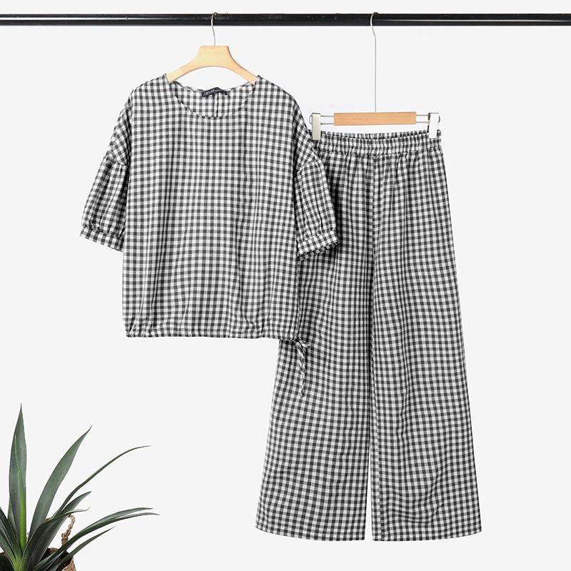 ZANZEA Women 3/4 Sleeve Blouse and Pants Casual Plaid Print Two Piece Suit Sets