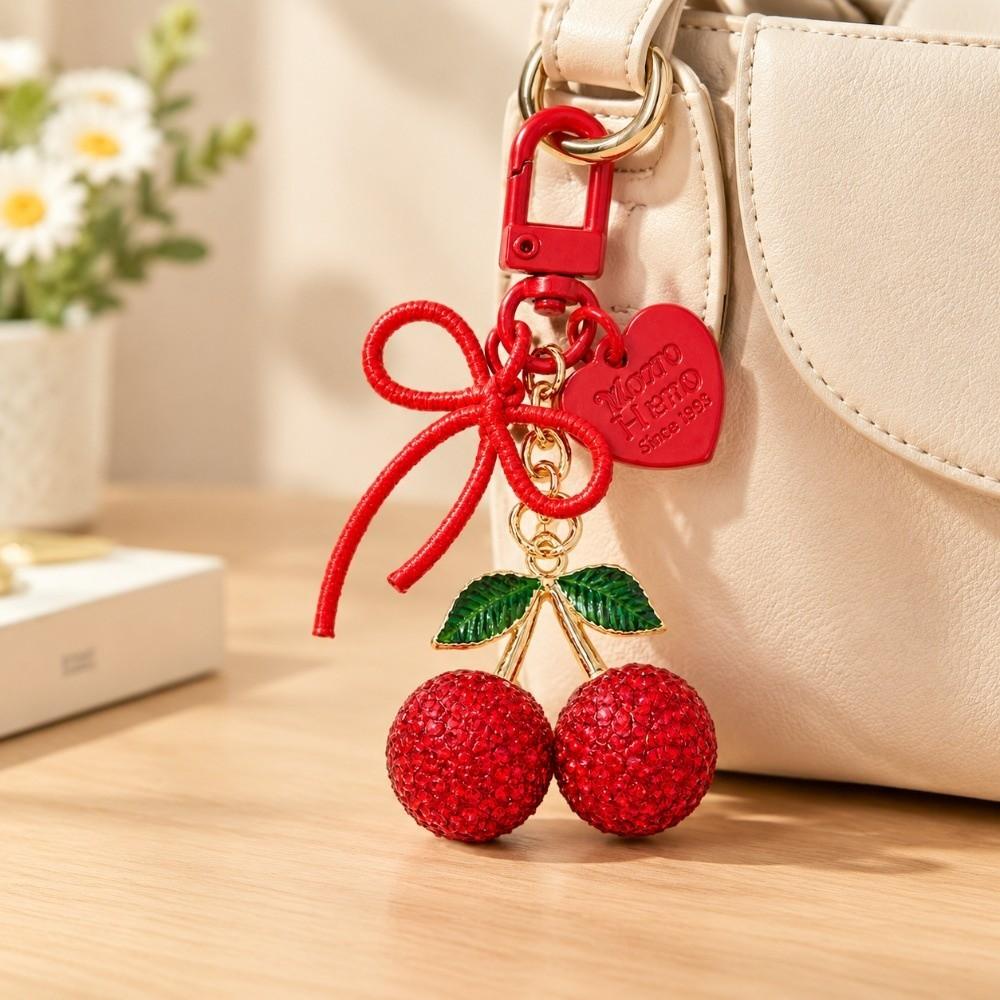 Sparkly Fruit Cherry Keychain Pearl Bow Charm Fruit Bag Pendant Car Key Ring Purse Decoration