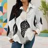 Women Plus Size Collared Long Sleeve Black White Abstract Floral Printed Button Down Shirt