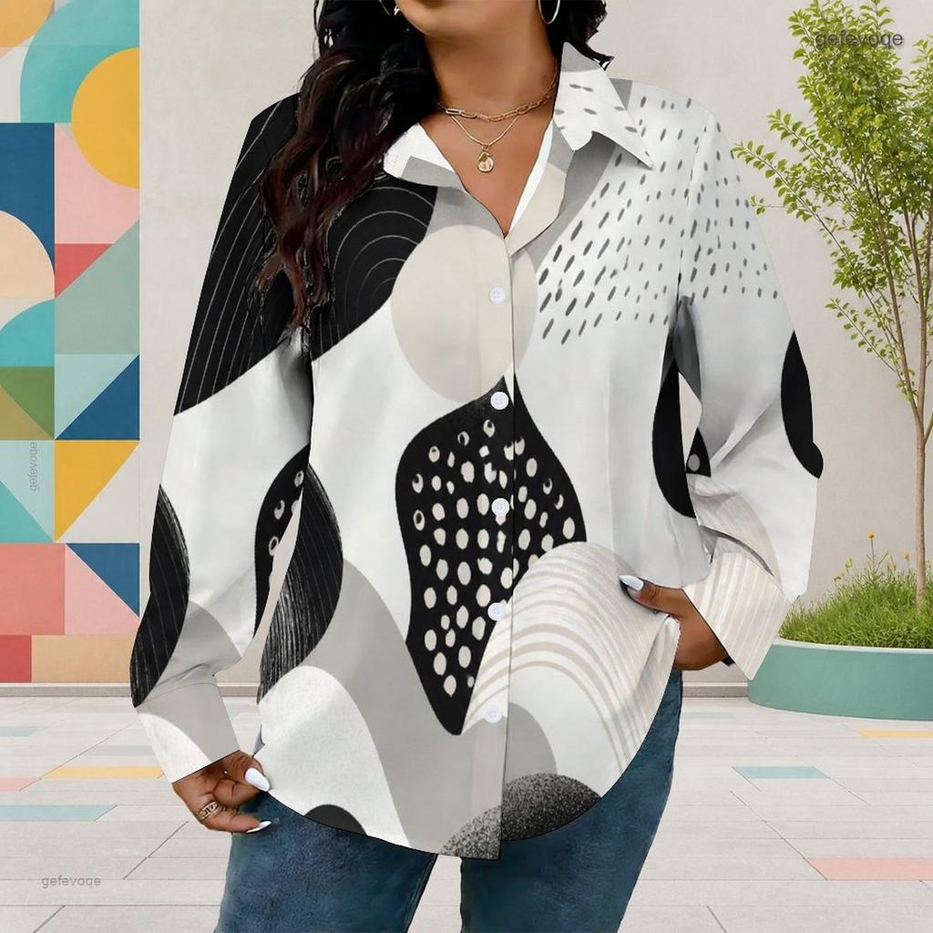 Women Plus Size Collared Long Sleeve Black White Abstract Floral Printed Button Down Shirt