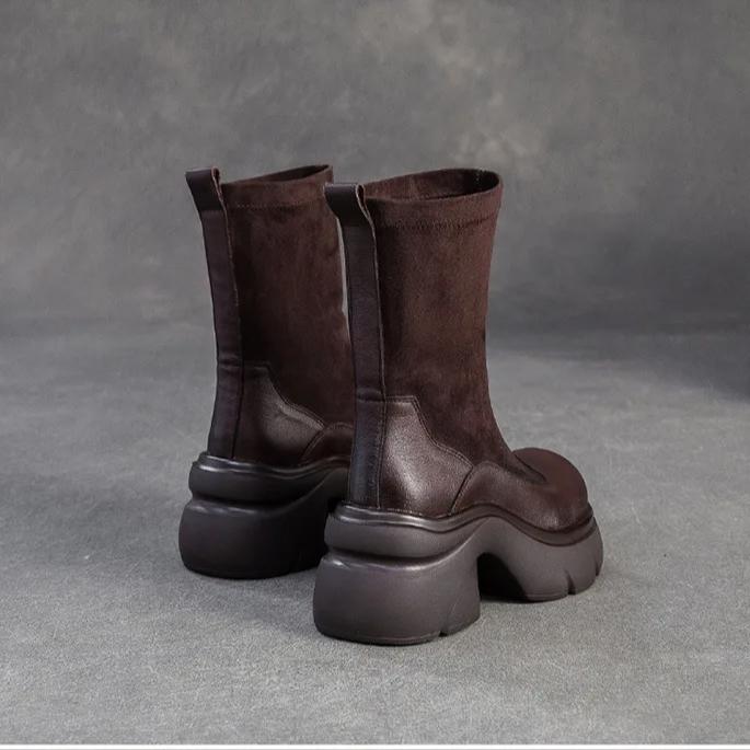 Johnature Retro Solid Color Mid-calf Boots Genuine Leather Comfortable Thick Soled Versatile Women's Shoes