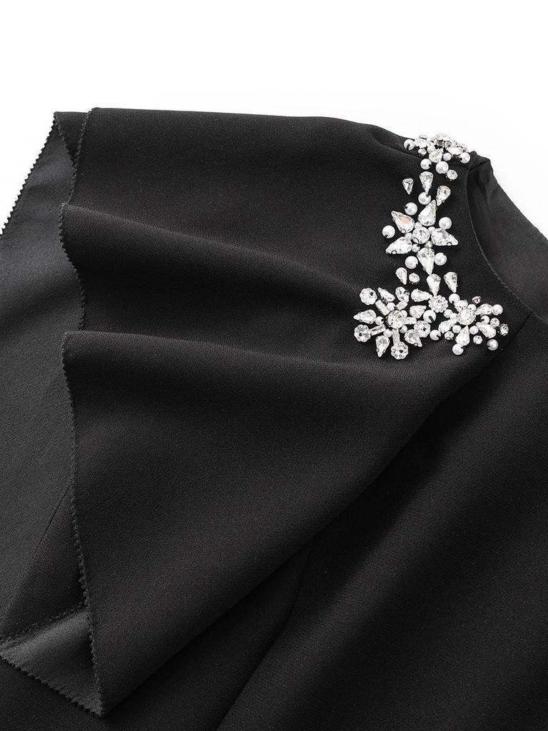 High-End Round Neck Studded Ruffle Sleeve Waist-Cinching Dress for Women - Summer Fashion