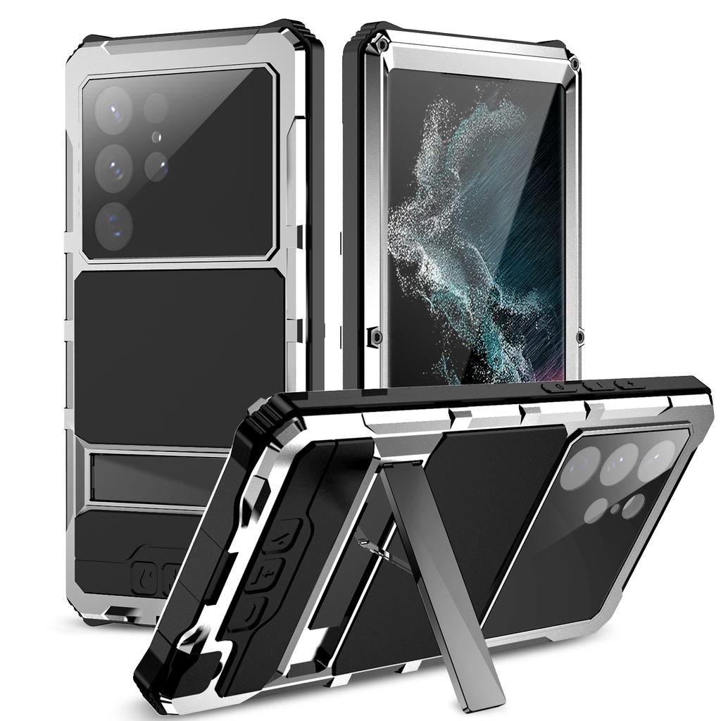 R-JUST Für Samsung Galaxy S22 Ultra 5G Wasserdichte Sturzsichere Hülle Ständer Rückseite mit Hartglas