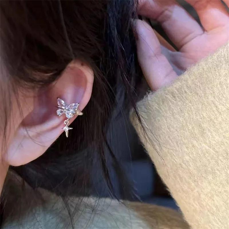 2PCS Sliver Color Butterfly Star Star Ear Clip Bone Nail New Fashion Earrings for Women No Drilling Cochlea Anti-allergy Gift