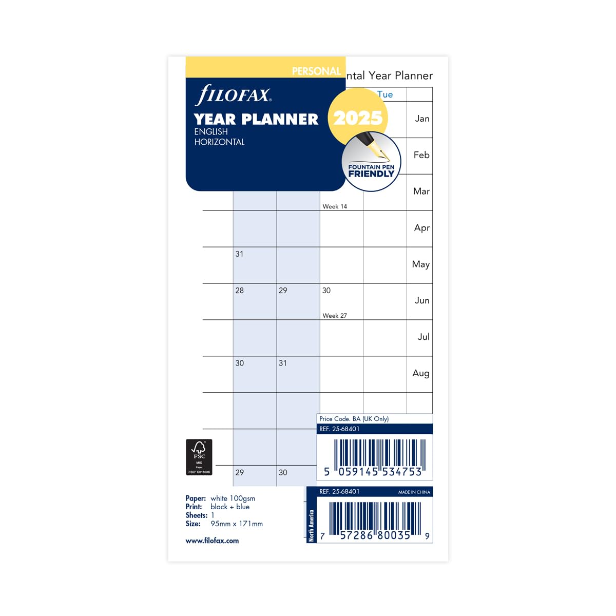 

Filofax 2025 Сменный блок для системы планирования, Библия Горизонтальный годовой планировщик, Начало с января, Белый, 25-68401, Официально импортировано