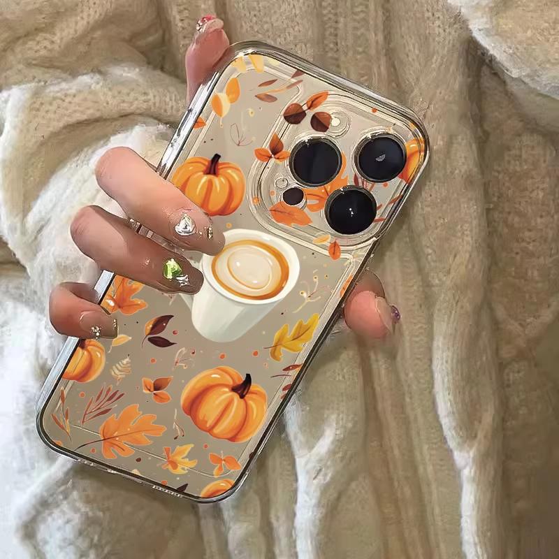 Pumpkin Coffee Autumn Leaves Print Phone Case for iPhone 17 16 15 14 13 12 11 16E Series Pro Max Plus