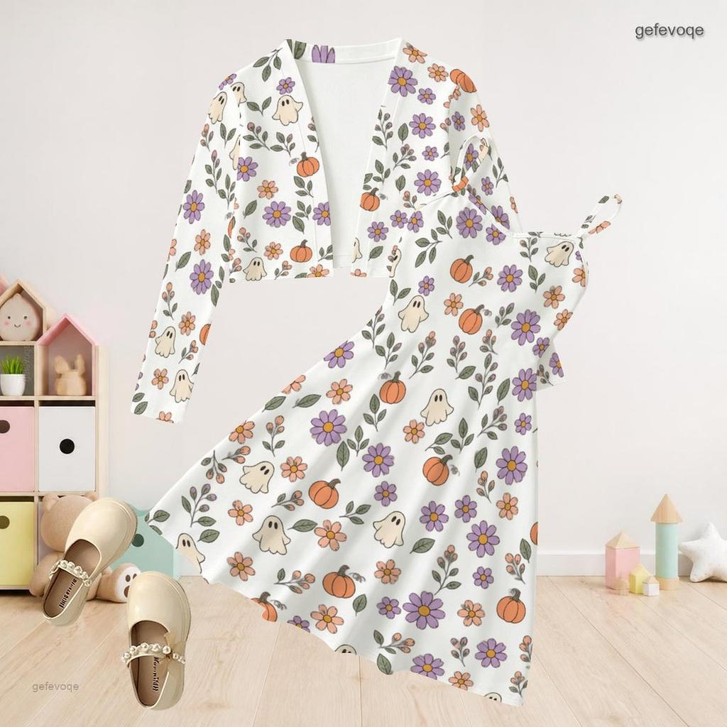 Girls White Halloween Two Piece Outfit Long Sleeve Cardigan Sleeveless Dress Pumpkin Bat Bow Print