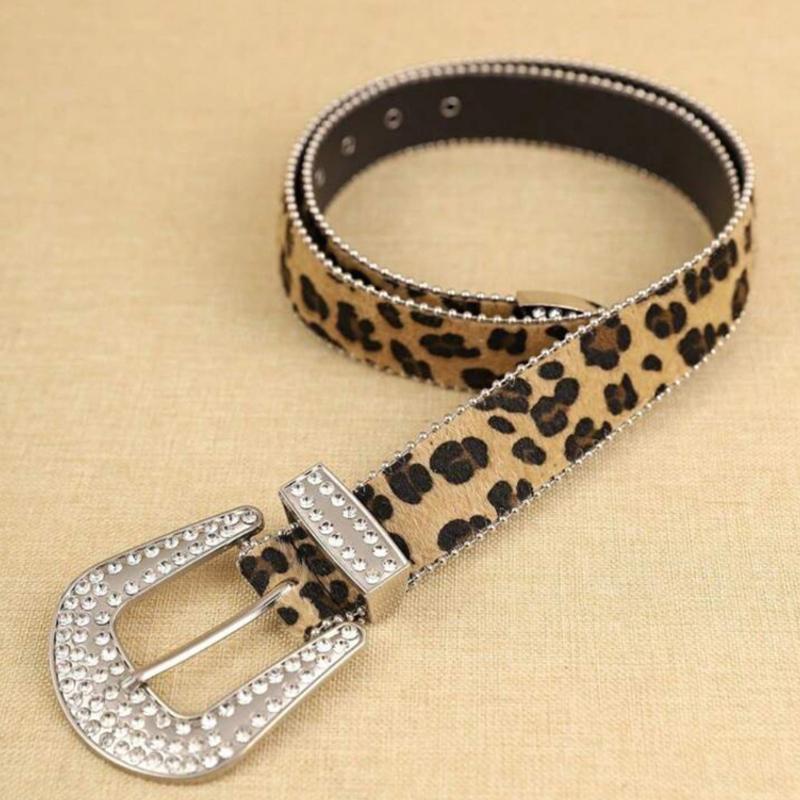 Women  Solid /Leopard Print Studded  Belt Pu Leather Bling  Adjustable Glitter Waistband For Club Party