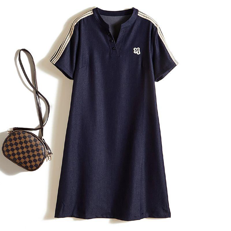 

South korea Single Women Washed Cotton Denim Blue V-neck Short sleeve Ribbon Sports Casual Pocket Dress Summer Super Slimming Dark blue XL