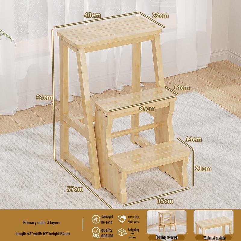 Multi-Functional Folding Indoor Wooden 2-in-1 Step Stool and Ladder - Three-Step Small Climbing Chair
