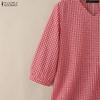 ZANZEA Women Grid Print Casual V-Neck 3/4 Sleeve Blouse
