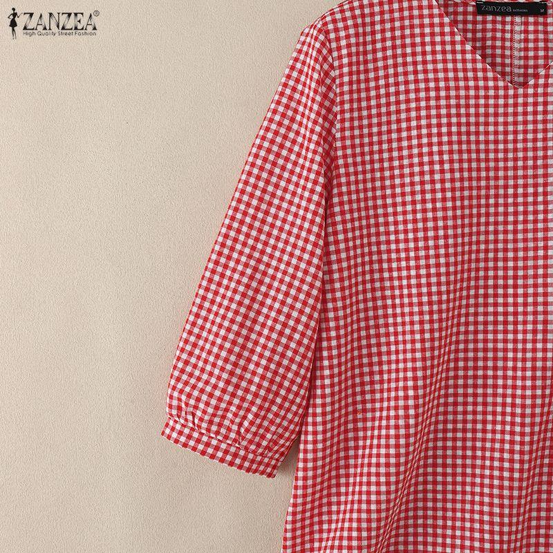 ZANZEA Women Grid Print Casual V-Neck 3/4 Sleeve Blouse