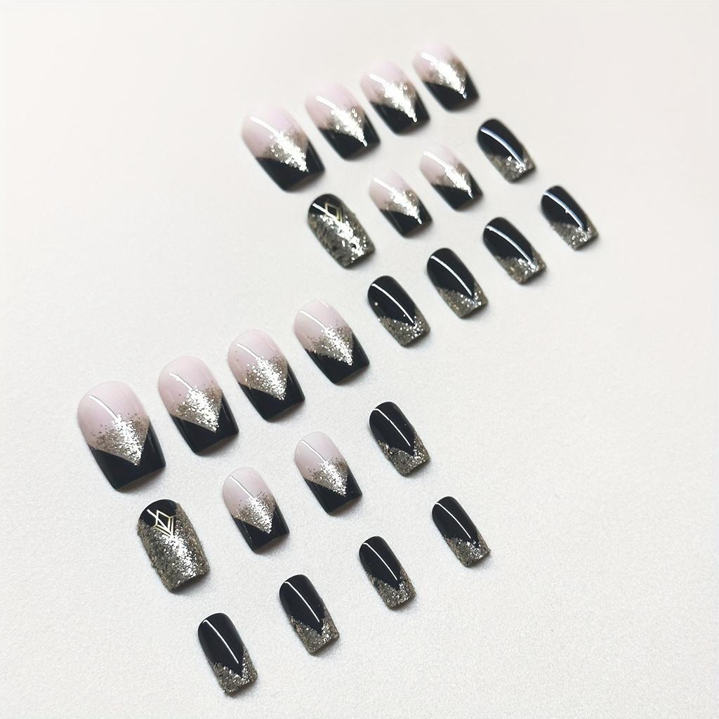 24pcs Short Square Shape Press On Nails, Fake Nail With Golden Glitter Powder Decor, Golden Black Fake Nails, Glossy Acrylic Full Cover Nails