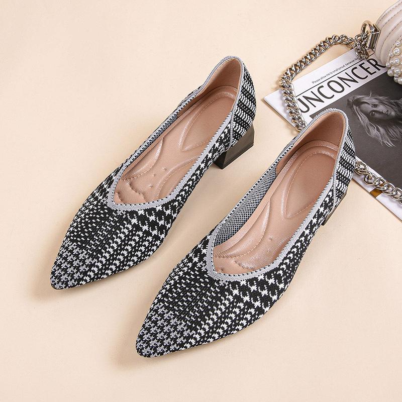 Spring and Autumn New Weaving Fly Knitting Breathable Sleeve Pointed Women's Thick High Heel Single Shoes