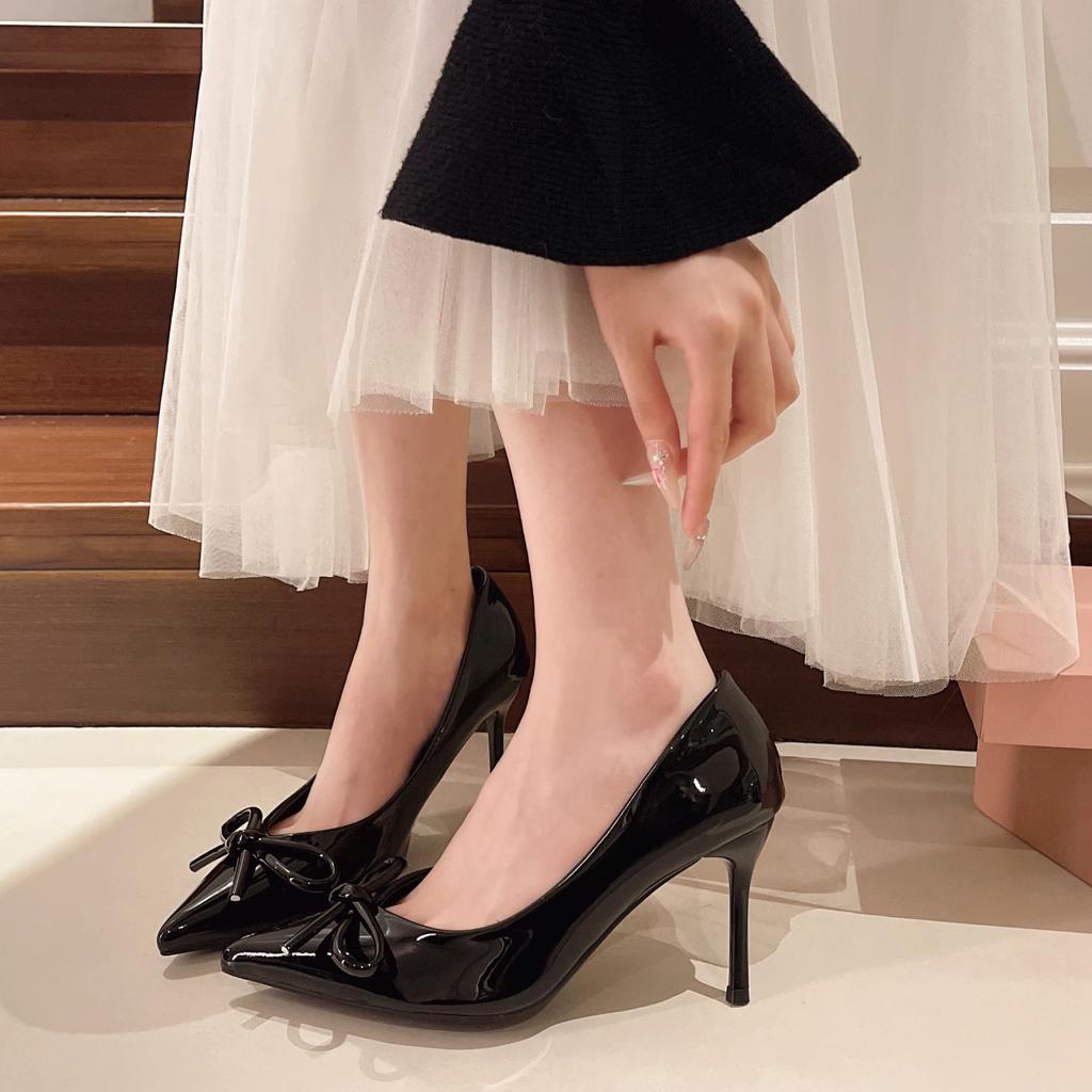 Mode Süße Schleife Dekoration Lackleder Slipper Pumps Damen 2025 Herbst Spitzschuh Hohe Absatzpumps Mode Party Kleiderschuhe