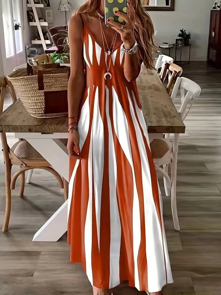 Summer Breeze Printed Vneck Sleeveless Maxi Dress For Casual Women