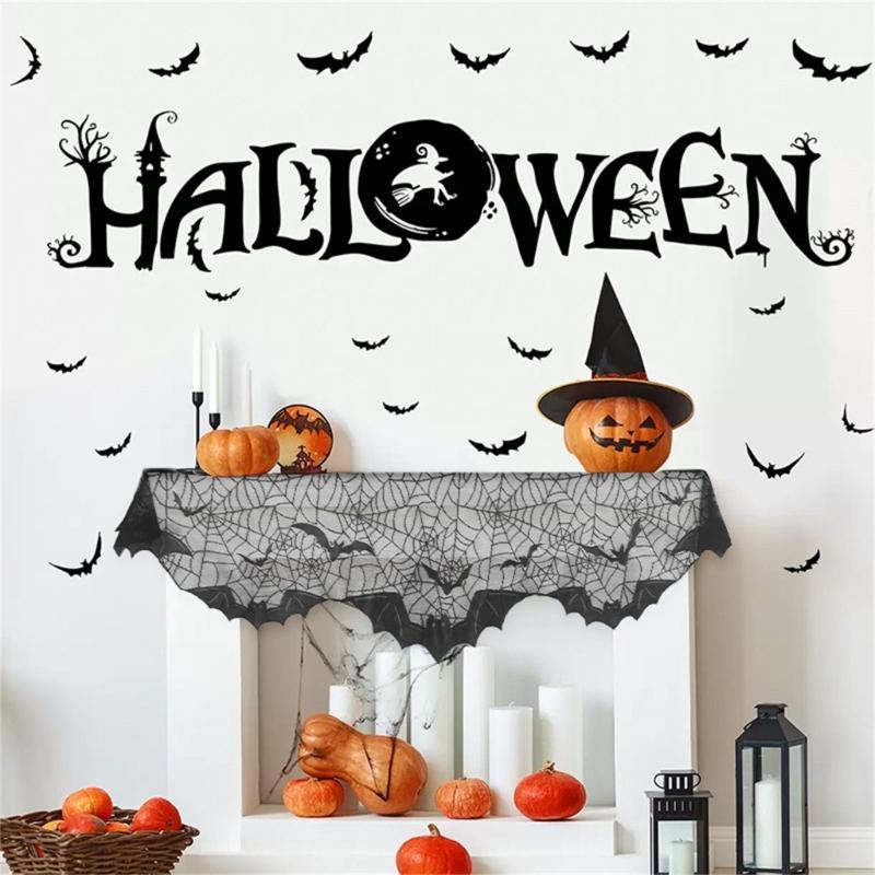 Elegant Halloween Lace Mantle Scarf with Spiderweb and Bat Motifs, Black Halloween Cobweb Fireplaces Scarf 200x50cm