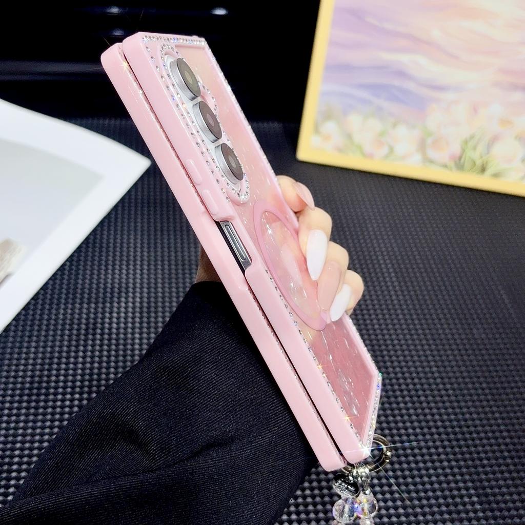 Modische Diamant-Gradient-Muschelmuster Magnetische Handyhülle Für Samsung Z Fold 7 6 5 4 3 Mit Lanyard und Band Stoßfeste Schlanke Hülle