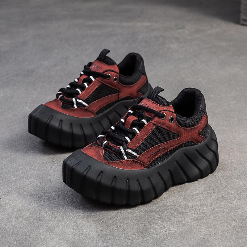 GKTINOO 5cm Air Mesh Cow Suede Genuine Leather Platform Wedge Luxury Shoes Fall Round Toe Lace Up Shallow Ethnic Ladies Women