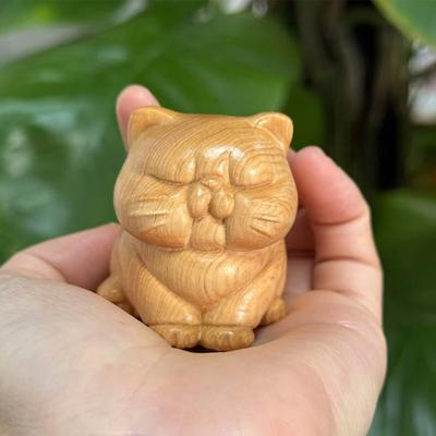 Wooden Cat Figures,Mini Lovely Solid Wood Carved Round Faced Fat Orange Cat Ornament, New Year 2025 Decoration, Children's Gifts