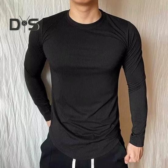 Men Sport Top Slim Fit High Elasticity Striped Texture Round Neck Quick-drying Long Sleeves Slim Fit Compression Figure Shaping Gym Running