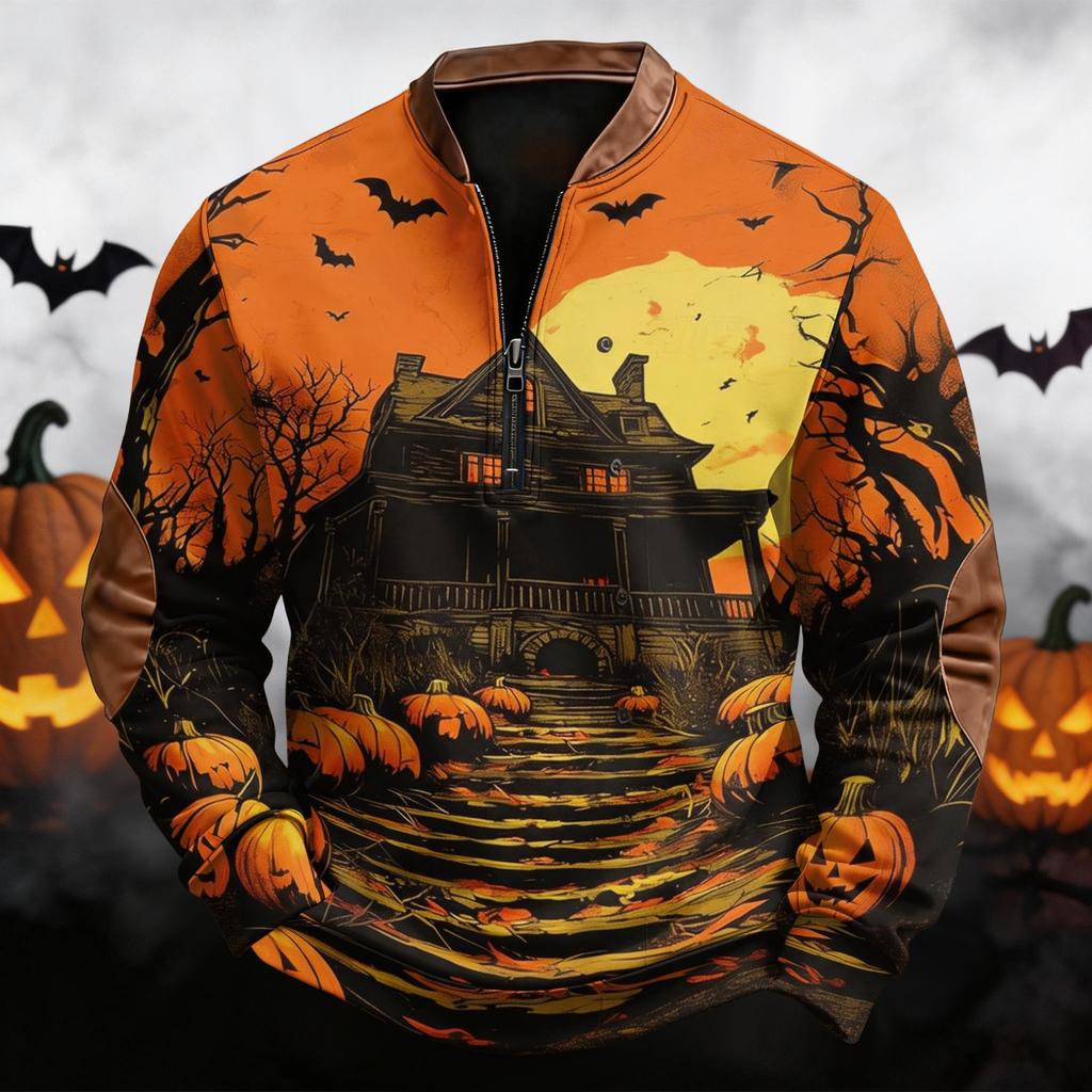 Men's Casual Retro Half Zip Long Sleeve Sweatshirt with Halloween Print