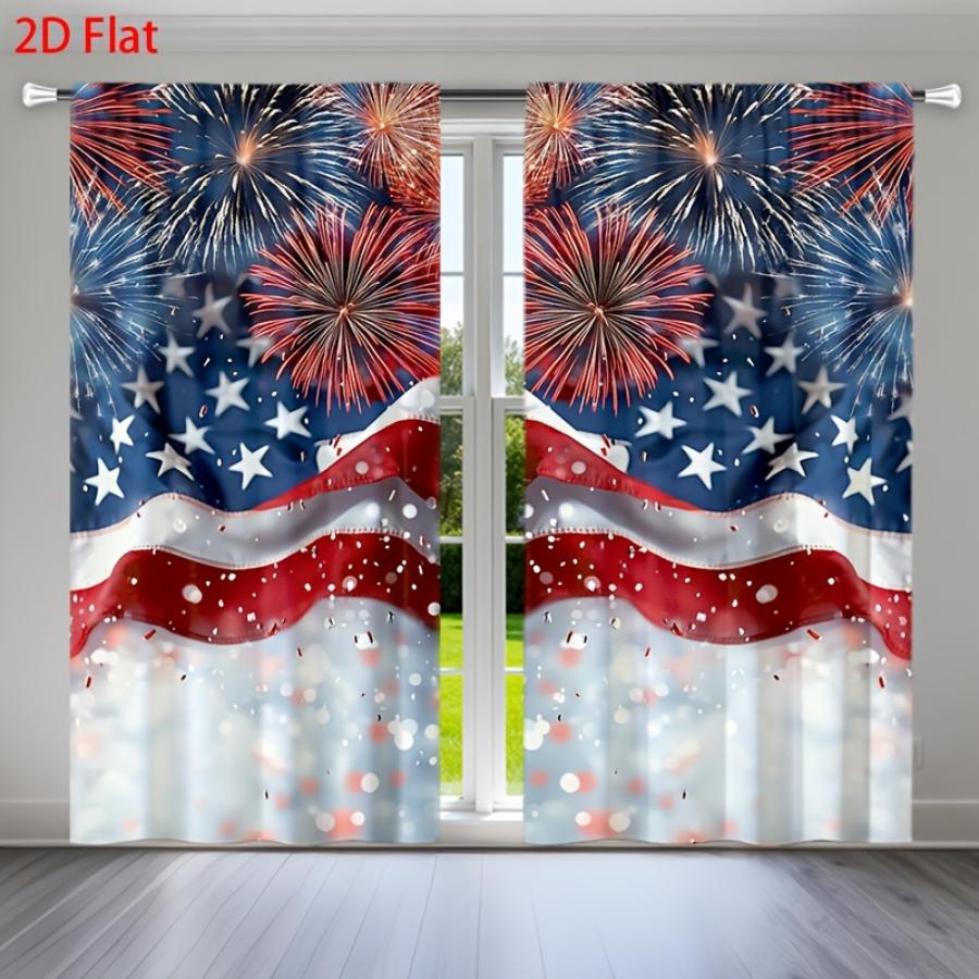 Digital Printed Curtains, Independence Day Fireworks Celebration, Rod Pocket Window Drapes for Living Room Bedroom Decor