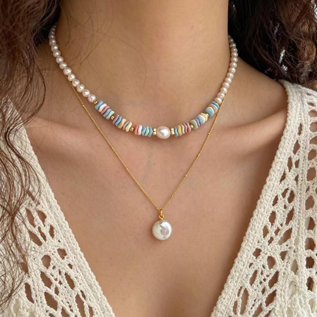 Rainbow Stone Pearl Necklace & Bracelet Set: High-End European Seaside Style for Women