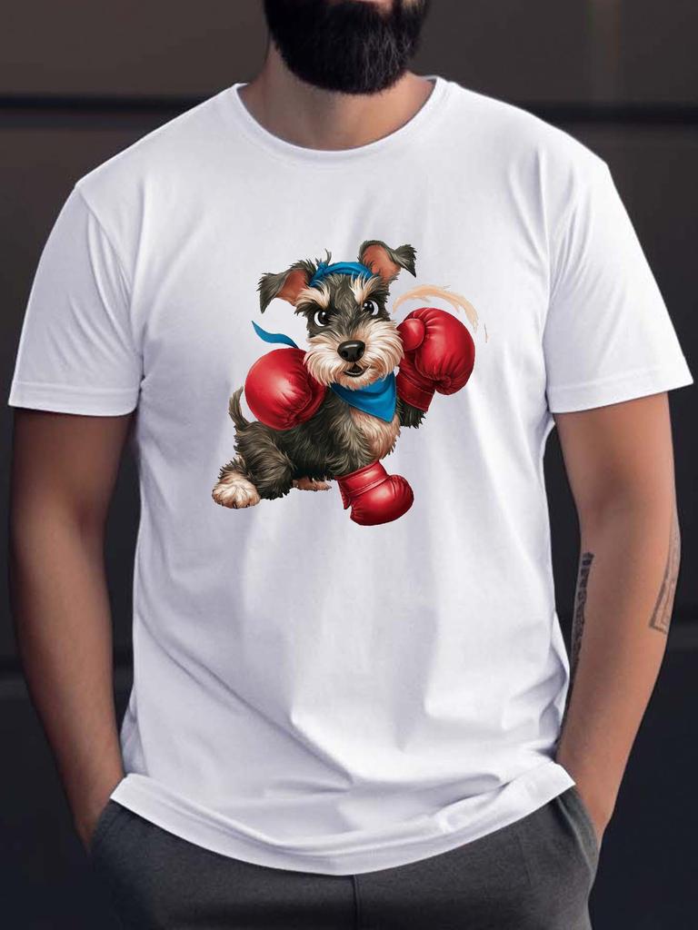 Cute Boxing Schnauzer Graphic T Shirt For Unisex Puppy With Red Gloves Crew Neck Tee Pet Sport Theme Casual Male Daily Outfit Tops