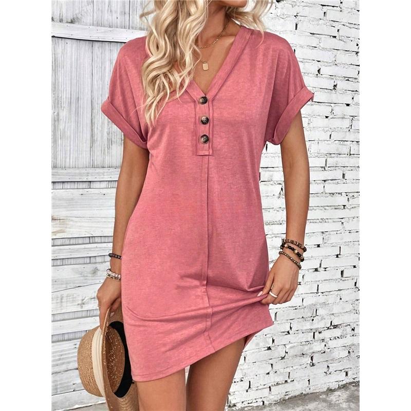 

Модное однотонное платье с пряжкой, V-образным вырезом на одно плечо и закатанными рукавами XL розовый