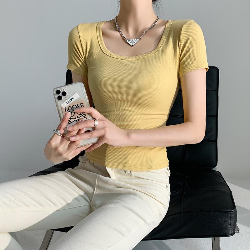 Kurzärmlige Oberbekleidung mit U-Ausschnitt und Basis-Frühlingsoutfit, Übergroßes Oberteil in koreanischer Version, Schlankheits-T-Shirt für den Sommer für Damen