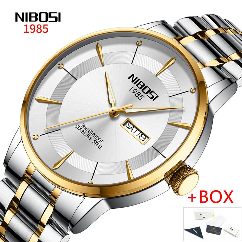 NIBOSI Fashion Quartz Watch for Men Luxury Stainless Steel Waterproof Luminous Date Week Cool Black Mens Watch Relogio Masculino