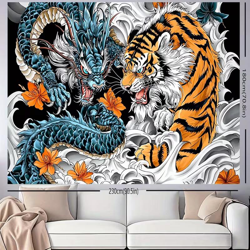 2D Traditional Asian Style Background Cloth Dragon Tiger Floral Wave Banner for Party