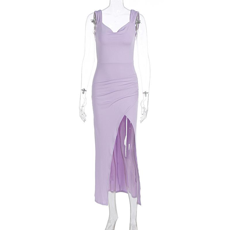 Women European Style Backless Sleeveless Lace Up Slit Slim Long Dress