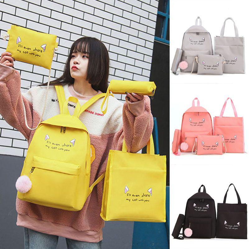 Charming College Style Women's Canvas Backpack Set With Plush Pendant And Pencil Case