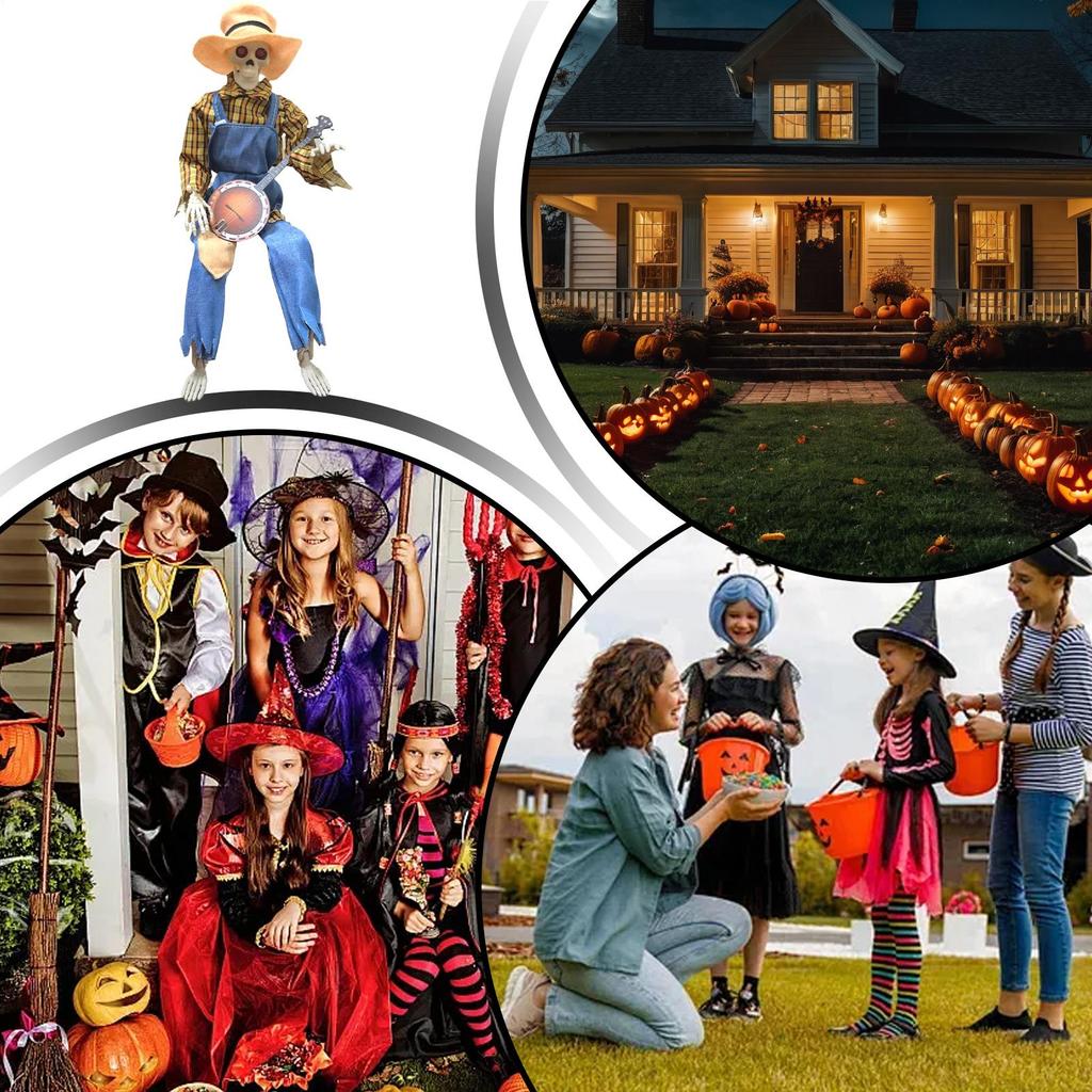 Halloween Skeleton 23.6 Inch Animated Banjo Skeleton Joint Adjustable Musical Prop for Indoor Outdoor Holiday Display Haunted